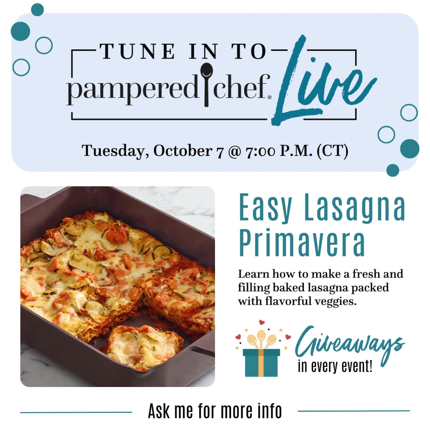 Tune in to Pampered Chef Live and learn how to whip up a fresh, filling baked veggie lasagna that’s packed with flavor (and veggies your whole crew will love!). 🥬🍅🧄
 🎥 Don’t miss it — it’s cozy, comforting, and totally crave-worthy.
 📲 Grab your spot and let’s get cooking! http://www.pamperedchef.com/pws/jennifersoto/live-events?utm_medium=social_kitchen&utm_source=instagram&utm_campaign=sk_live-events 

 #PamperedChefLive #bakedveggielasagna #cozycomfort #homemademeals #veggiepacked